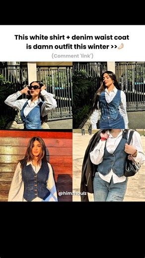 Fashion | Beauty | Lifestyle on Instagram: "POV: You wanna look Pinterest-core this winter but your wallet said “girl… chill” 😩💸 So I found the *cutest* white shirt + denim waistcoat combo on Myntra — under budget (!!) 🤭✨ Comment 'link' to get the links 💕💌 . (affordable Pinterest outfit, Myntra outfit under budget, denim waistcoat look, winter outfit inspo, trendy women fashion, aesthetic outfits India, Pinterest outfit ideas, budget winter fashion, classy casual style, fashion inspo 2025,