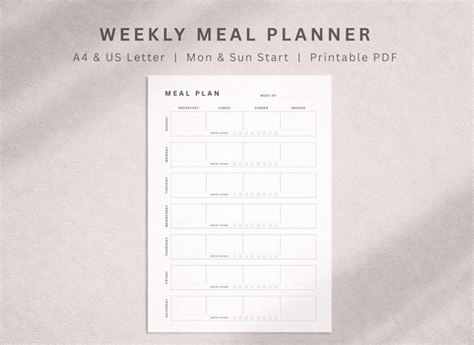 Weekly Meal Planner Printable | Water Tracker | A4 & US Letter | Mon   Sun Start | PDF Download