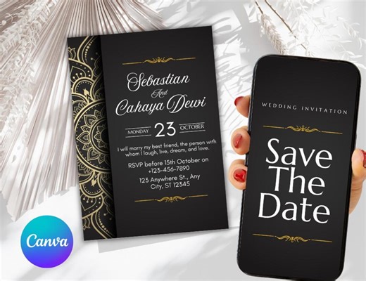 Black Gold Wedding Invitation Template, Editable Canva, Save the Date Card, Instant Download - Etsy