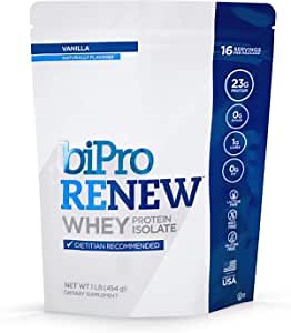 Amazon.com: BiPro Renew 100% Whey Isolate Protein Powder, Vanilla, 1 Pound - Dietitian Recommended, Sugar Free, Suitable for Lactose Intolerance, Gluten Free, Naturally Sweetened, Hormone Free : Health & Household