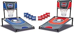 Sports Basketball Net Cornhole Board Set, Basketball & Cornhole in One, Includes 8 Red/Blue Bean Bags, Convenient Carrying Case, Tailgating Fun
