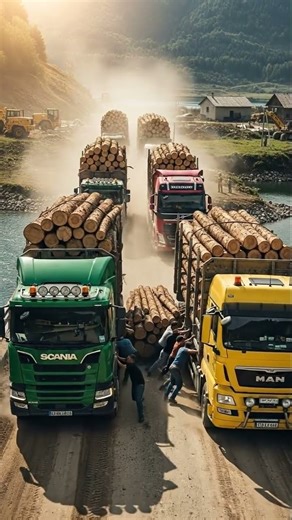Epic Timber Convoy! 4 Massive Log Trucks Battle a Brutal Mountain Road at High Noon