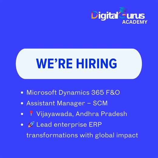 Digital Gurus Academy on Instagram: "🚀 Now Hiring: Microsoft Dynamics 365 F&O Assistant Manager – SCM Teamware Solutions is looking for an experienced D365 F&O professional ready to step into a leadership role and drive enterprise-scale ERP transformations. In this role, you’ll lead Finance and SCM implementations, manage functional teams, collaborate with global stakeholders, and help organizations reimagine finance through Microsoft technology. ✨ What makes this role exciting: ✔ End-to-end ER