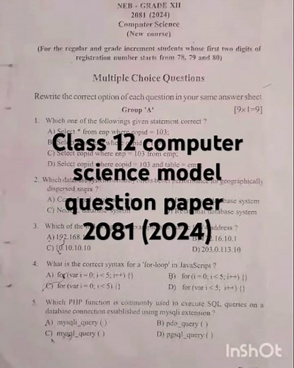 class 12 computer science question paper 2081|| class 12 computer science question paper 2081 exam|