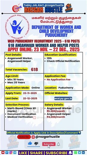 WCD Puducherry Anganwadi Recruitment 2025 – Apply Online 618 Posts #shorts #govtjobs #jobalert #job