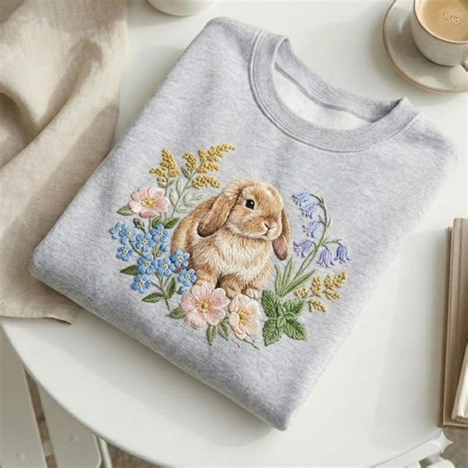 Easter Flowers Bunny Sweatshirt, Cute Bunny Shirt, Rabbit Shirt, Happy Easter Day Gift, Coquette Easter Shirt, Cute Easter Embroidered Shirt - Etsy