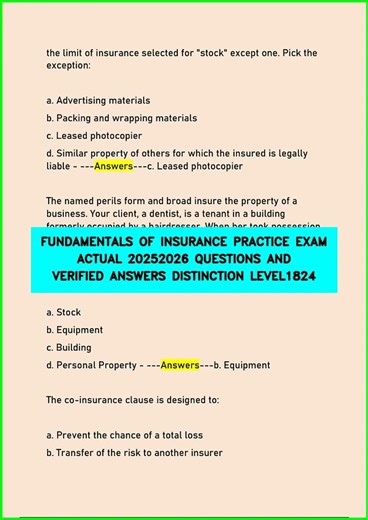 FUNDAMENTALS OF INSURANCE PRACTICE EXAM ACTUAL 20252026 QUESTIONS AND VERIFIED ANSWERS DISTINCTION L