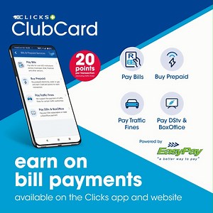 Imagine paying your bills but putting money back in your pocket… We've made it a reality! Pay your bills on the Clicks app, including BoxOffice and DSTV, or buy prepaid services and you'll earn 20 ClubCard points per transaction. Keep racking up those points and you'll be on your way to even MORE savings. Not yet a ClubCard member? Join today - it's FREE! Powered by EasyPay. Ts&Cs apply > https://bit.ly/3fwkYF3 #ClicksClubCard #ClicksBillPayments | Clicks