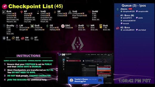 Destiny 2 Checkpoint Bot🎉// 🤖 @TravelersChosenTeam, @LuckBot9, @GuardianDownBot, @D2Chests, @DestinyCheckpoints