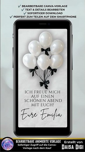 Luxus Weiß Schwarz Geburtstagseinladung, Elegante Canva Einladung