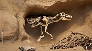 Unearthing dinosaur skeleton in an excavation site, featuring fossilized bones against the earth. The thrill of fossil discovery, paleontology exploration, perfect for educational and adventure themes