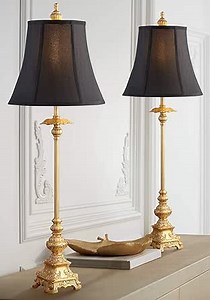 Regency Hill Juliette Traditional French Country Buffet Table Lamps 36.5" Tall Skinny Set of 2 Glam Luxury Style Gold Candlestick Black Fabric Bell Shade for Living Room House Home Entryway