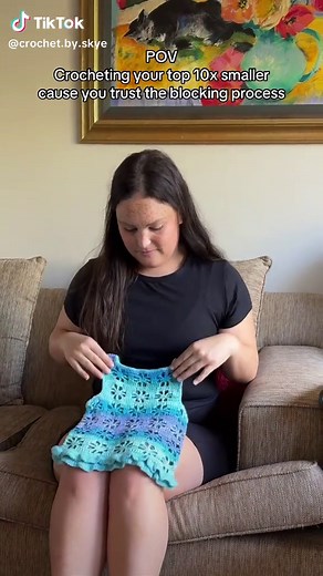 Always trust the blocking process 🫡✨ ft. My Suzie top 🩵 #crochet #crochettiktok #fiberartist #crochetersoftiktok #whaticrochetinaday #crochetinspo #crochetlove #summercrochet #skit