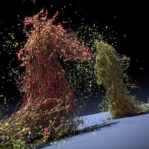 Tyson Ibele on Instagram: "Using tyFlow's growth solver and PhysX implementation to control the animation of complex organic structures....100k+ rigidbodies drive splines which closely follow an underlying motion capture animation...while maintaining their own ability to bend, twist, tear, snap and break. Tiered caching allows the saved result of one simulation to be loaded into the next - so that secondary elements like leaves, flowers, splinters, dirt, etc, can be computed independently from t