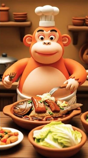 Fat orange Monkey cooks braised fish with pickled cabbage 😂 #DreamScreenAI #monkey #comedy #funny
