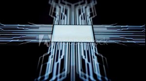 Human finger is pressing a digital button on a touchscreen. Futuristic microprocessor is starting the operation of the computer program. Machine learning and artificial intelligence concept.