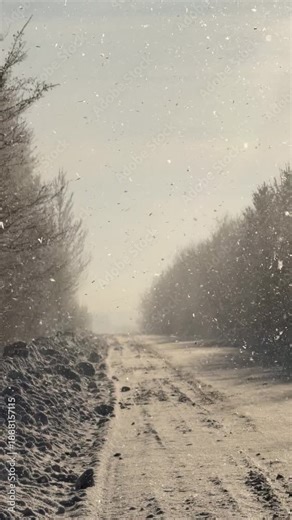 Heavy snow falling on a winter country road