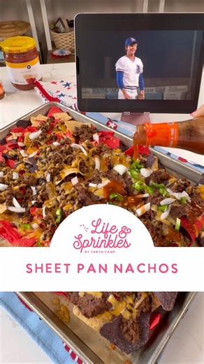 8.3K views · 69 reactions | Sheet Pan Nachos and Bull Durham ⚾️ My sister is the athlete in the family, not me (at all 﫢). I’d gladly forfeit and go eat nachos. Best bet is a baseball movie and snacks…so sheet pan nachos it is! I baked them on the top rack for 5-6 min at 375. Ad alllll the toppings you want  I found the red white and blue tortilla chips at Target. #nachos #snack #summerfood #chips #foodie | Life and Sprinkles | Facebook