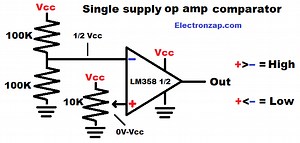 Brief Comparator Circuit using Single Supply Op Amp and Voltage Dividers LM358 - Electronzap