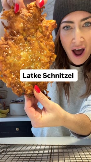 Lauren Levy on Instagram: "Viral Latke Schnitzel 2 russet baking potatoes 2 sweet potatoes 3-4 chicken breasts Flour 4 eggs 1 tbsp Dijon 2 tsp baking soda Veg oil for frying Sour cream/ apple sauce Peel, grate and salt your potatoes. Let them sit in a bowl with a thin dish towel or cheese cloth. Cut your chicken in half, season either salt and pepper, and pound in between two sheet of Saran to get very thin. Squeeze out liquid from potatoes and mix in 1 tsp baking soda. Set up your dreading stat