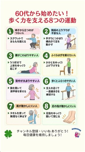 60代から始めたい！歩く力を支える8つの運動#高齢者の運動 #歩く力 #足腰の筋力 #シニア体操 #転倒予防 #バランス運動 #自宅でできる運動 #60代からの健康 #70代の健康 #健康寿命