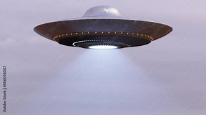 Flying Saucer UFO spaceship with ray isolated on green screen for chroma key, Looped footage in Ultra HD 4K with mask for Stencil Luma masking.