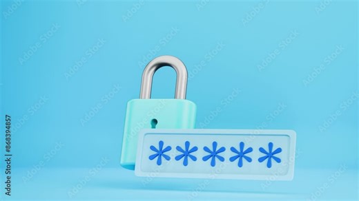 Animation of entering a password and rotating the camera, opening the lock. Authorization in the system. VPN concept. Entering the password. Transparent background. Data protection concept. Data prote
