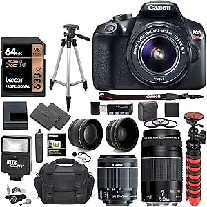 Canon EOS Rebel T6 DSLR Camera Kit, EF-S 18-55mm is II Lens, EF 75-300mm III Lens, RitzGear Wide Angle, Telephoto Lens, 64GB U3 and Accessory Bundle
