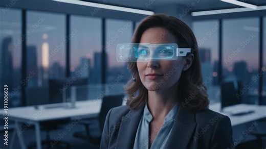 Enterprise ai agent executive wearing augmented reality glasses delivering presentation and overlays modern office with city skyline dusk focused