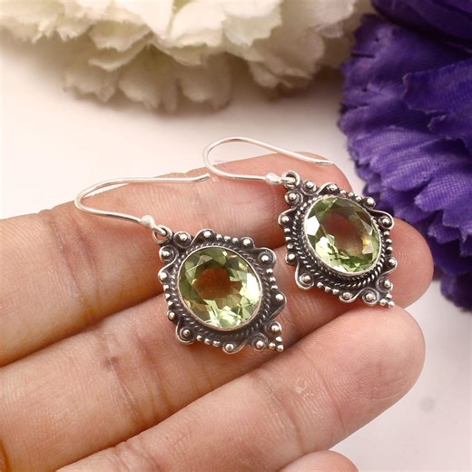 Green Amethyst Sterling Silver Earring Jewelry Vintage Gift for Her - Etsy