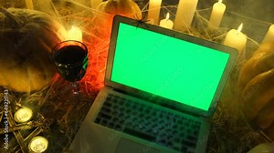 Top side view, laptop with green screen in fog and Halloween orange pumpkins, candles, skull, pentagram in cobweb among dry grass in dark, attributes seasonal horror holiday celebration. Spirits night