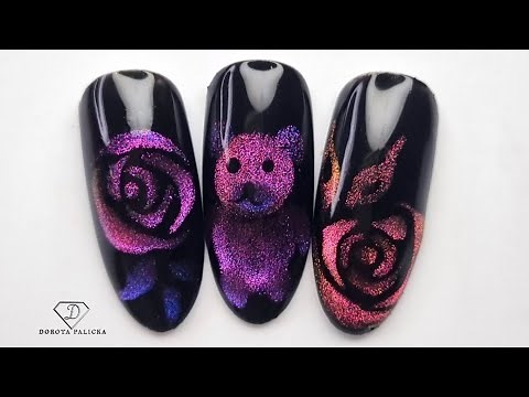 Cat eye gel polish rose and Teddy nail art. Magnetic Gel Polish nail designs. 9D cat eye