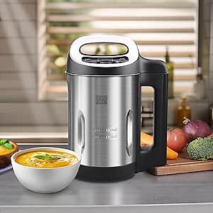 1.6L Soup Maker Machine, Stainless Steel Programmable Soup Maker with Smooth & Chunky Settings, Anti-Dry Burn, Overfill Sensors, and Self-Cleaning Mode for Quick Soups, Baby Food, and Home Use