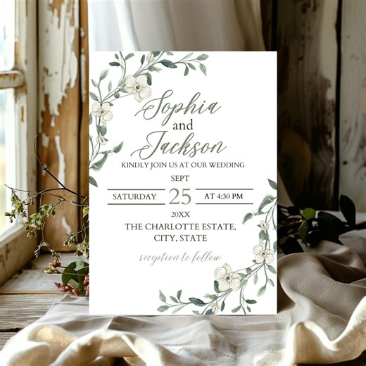 Sage Greenery Wedding Invitation, Classy Event Invite, Canva Editable Template, Digital Download (printable) - Etsy
