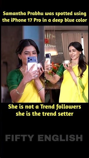 Samantha Prabhu was spotted using the iPhone 17 Pro in a deep blue color