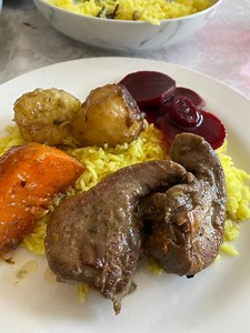 Roasted sheep tongue or as we know it skaap tongetjies served with roast potatoes, butternut, sweet yellow rice and beetroot salad. Salwaa Smith - Cape Malay Cooking & Other Delights From My Kitchen To Yours - keeping our heritage for the past 11 years! | Salwaa's Cape Malay Cooking