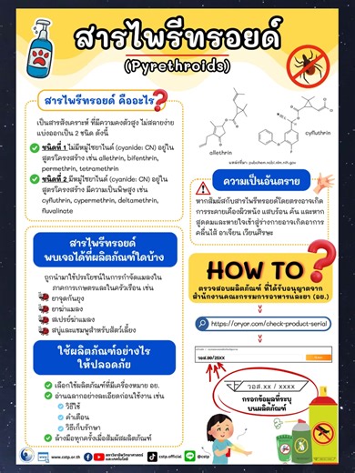 💡สารไพรีทรอยด์ (Pyrethroids) คืออะไร ? 🔸เป็นสารสังเคราะห์ ที่มีความคงตัวสูง ไม่สลายง่าย สารไพรีทรอยด์ ถูกนำมาใช้ประโยชน์ในการกำจัดแมลงในภาคการเกษตรและในครัวเรือน เช่น 🔸ยาจุดกันยุง 🔸ยาฆ่าแมลง 🔸สเปรย์ฆ่าแมลง 🔸สบู่และแชมบูสำหรับสัตว์เลี้ยง ใช้ผลิตภัณฑ์อย่างไรให้ปลอดภัย ? 🔸ใช้ผลิตภัณฑ์มี่มีเครื่องหมาย อย. 🔸อ่านฉลากอย่างละเอียดก่อนใช้งาน เช่น วิธีใช้ คำเตือน วิธีเก็บรักษา 🔸ล้างมือทุกครั้งเมื่อสัมผัสผลิตภัณฑ์ #สภาวิชาชีพวิทยาศาสตร์และเทคโนโลยี #science #CSTP #สชวท #วิชาชีพ #วิทยาศาสตร์และเทคโ