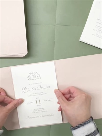Stephita Wedding Invitations. Putting together a custom blush pocket fold wedding invitation with belly band. For more invitation designs visit our website. www.stephita.com . . . #bride #wedding #weddingtiktok #weddingplanning #weddingday