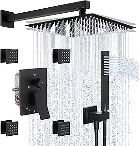 KES Shower System, Shower Faucet Set with Handheld, 12-Inch Multi Shower Head System with Body Jets, Matte Black, XB6325S12-BK