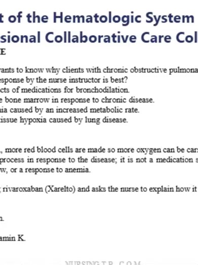 Assessment of the Hematologic System College Test – Interprofessional Collaborative Care Core Concepts to Know Anatomy & physiology of blood, bone marrow, and lymphatic system Hematologic assessment techniques: history, inspection, palpation, laboratory tests, and diagnostic procedures Common disorders: anemia, leukemia, clotting disorders, hemophilia, thrombocytopenia, sickle cell disease Key labs: CBC (Hgb, Hct, WBC, platelets), PT/INR, aPTT, reticulocyte count, iron studies Patient education,