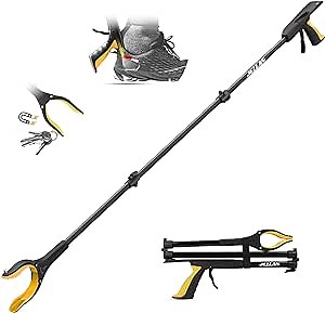 Jellas 44 Inch Reacher Grabber Tool with Shoehorn, 360° Rotating Head, Foldable Claw Grabber with Strong Grip Magnetic Tip, Reaching Assist Tool for Trash Pick Up, Litter Picker (Yellow)