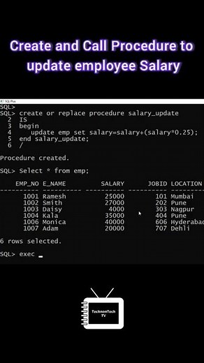 Create and Call Procedure in PL/SQL | Procedure to Update Salary of an Employee | TechnonTechTV