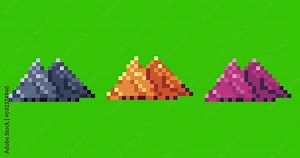 Green screen of mountain ,mountain icon bits pixel slowly appeared and dissappeared. Simple animation from pixel dots form sets of mountain icon . Usefull for game asset or design asset animate.