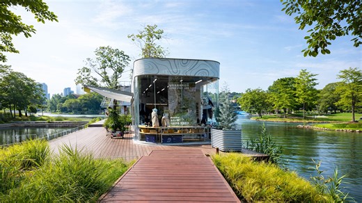 Inside a modern shop surrounded by water in China