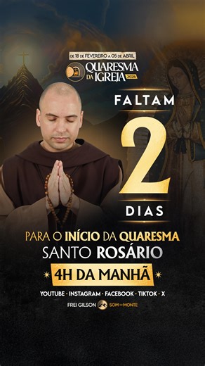 Aguenta, coração! Só faltam dois dias, minha gente! Quem aí está na expectativa para começarmos a Quaresma 2026? Eu estou muito feliz em saber que vamos rezar juntos durante 40 dias, de segunda a sábado, às 4 horas da manhã. Prepare-se. Prepare o seu coração. Prepare a sua família. Serão dias incríveis, dias maravilhosos que vão transformar para sempre a sua vida. Tenho certeza de que você vai colher muitos milagres. Se programe para ser pontual. Nossa live começa 10 para as 4 da manhã, em todas