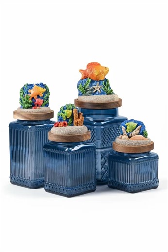 Handmade Cobalt Blue Glass Jar Set of 4 With Wooden Vacuum Lids – Kitchen Storage Jars, Acacia Wood Lids, Marine Style - Etsy