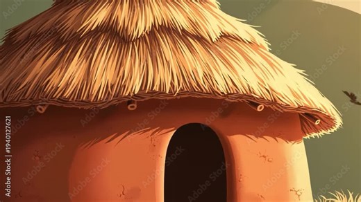 Traditional thatched hut with a conical roof and doorway in a rural setting