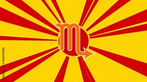 Zodiac scorpio symbol on the background of animation from moving rays of the sun. Large orange symbol increases slightly. Seamless looped 4k animation on yellow background