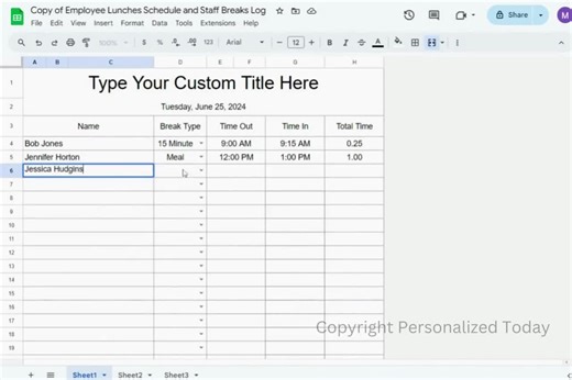 Employee Break Times Recording Sheet Staff Lunch Breaks Time Tracker Employee Meal Breaks Schedule Google Sheets Auto Calculated Template - Etsy