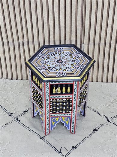 Handmade Carved Wood Side Table, Moroccan Wooden Table, Colorful Hand-painted Accent Table, Artisan Furniture From Marrakech - Etsy
